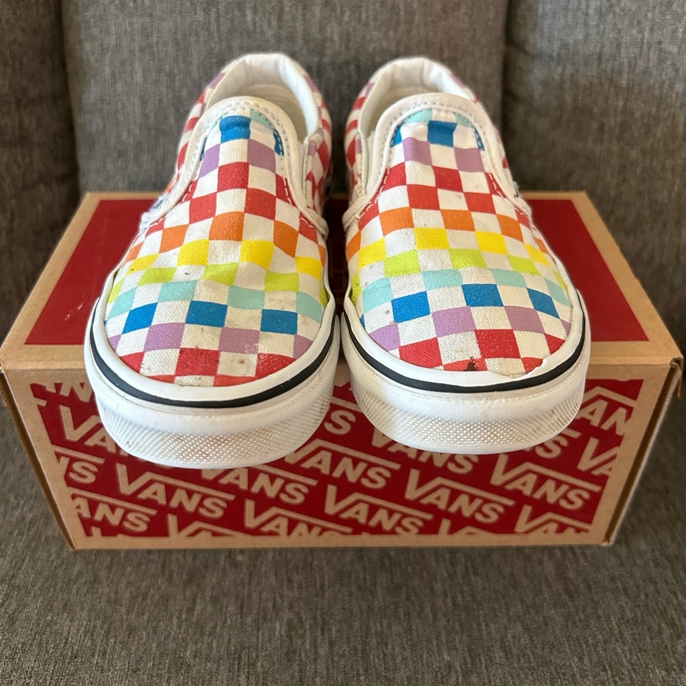 VANS Classic Slip on checkerboard Rainbow Kids Size 12.5